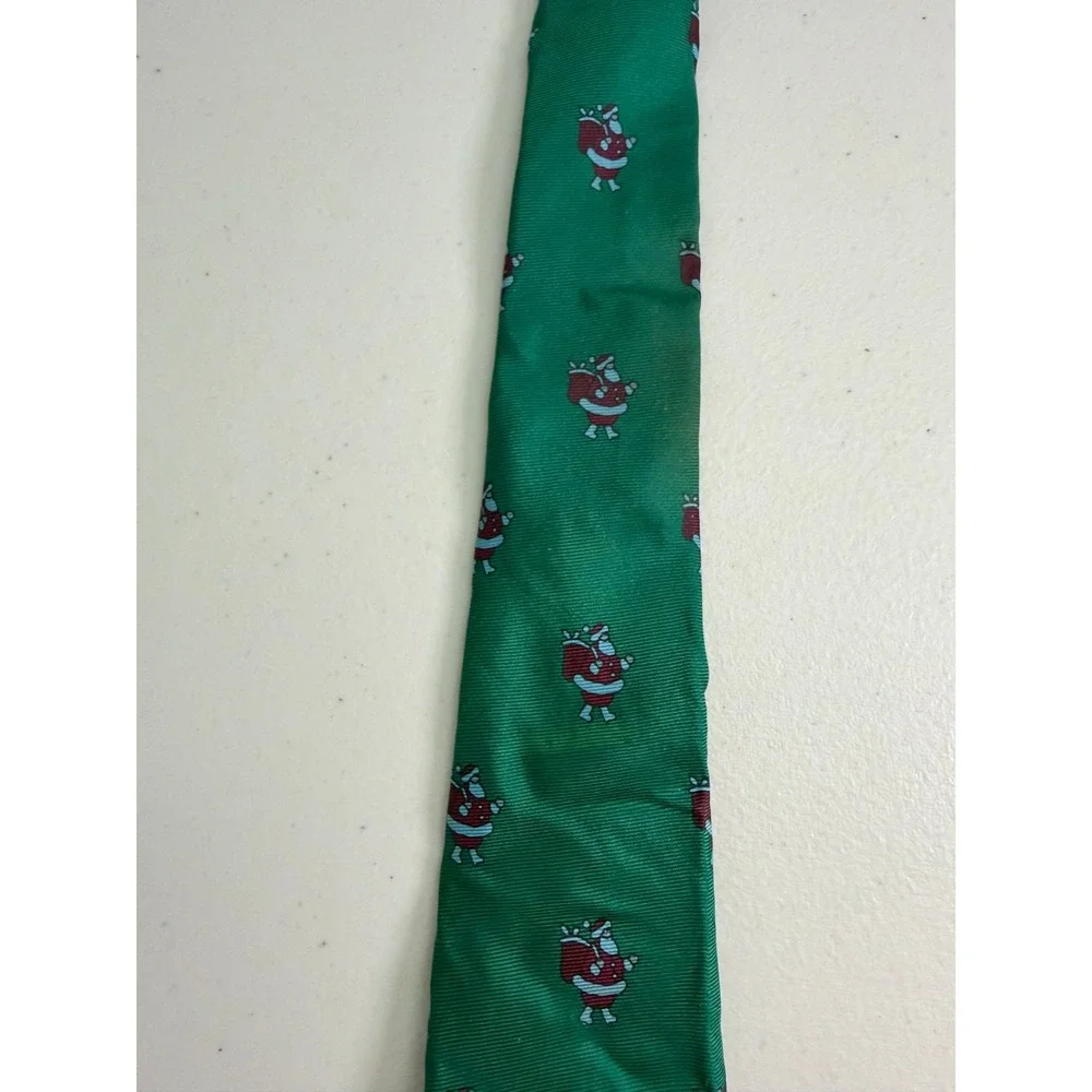 VTG Saks Fifth Avenue Mens Silk Christmas Tie Green Santa Claus Holiday USA Read